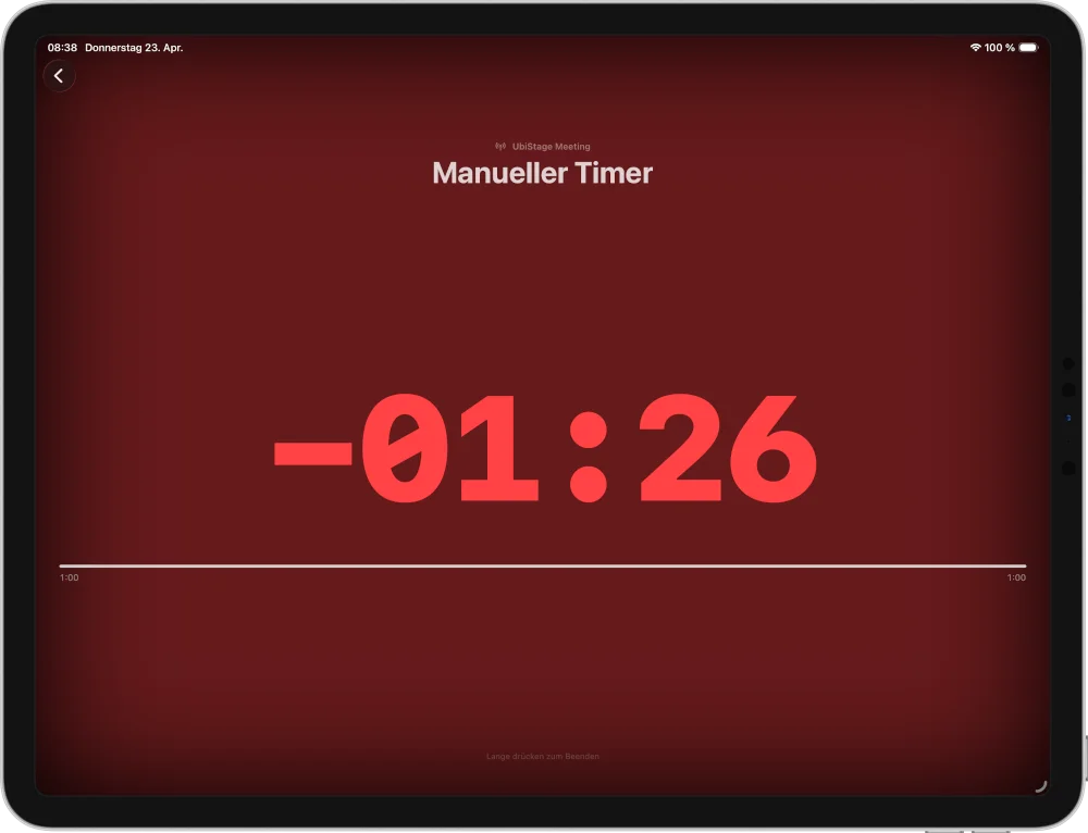 UbiStage Event-Timer – Overtime-Anzeige für Redner, 1:26 überzogen