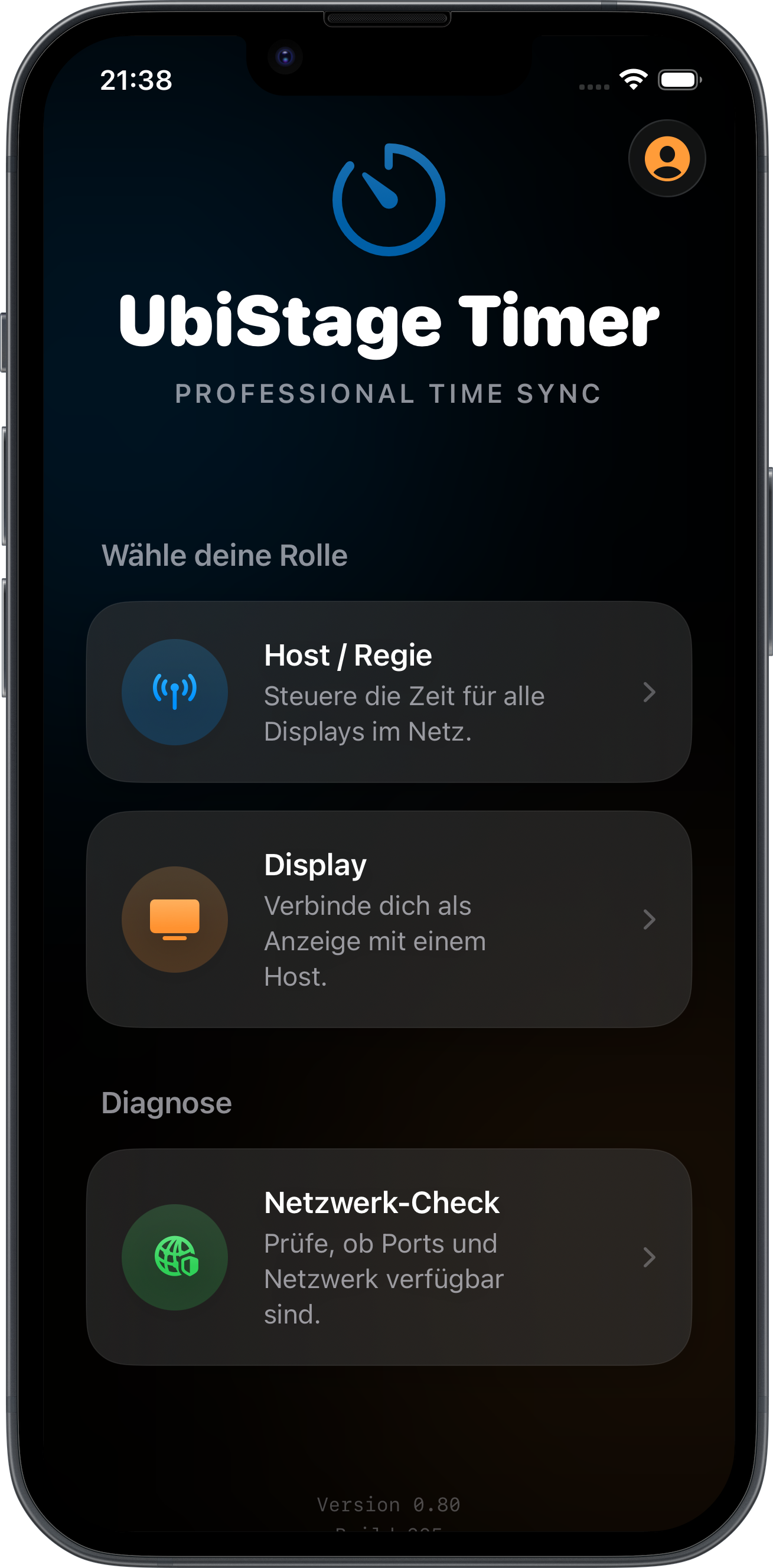Startbildschirm der App mit Rollen-Auswahl