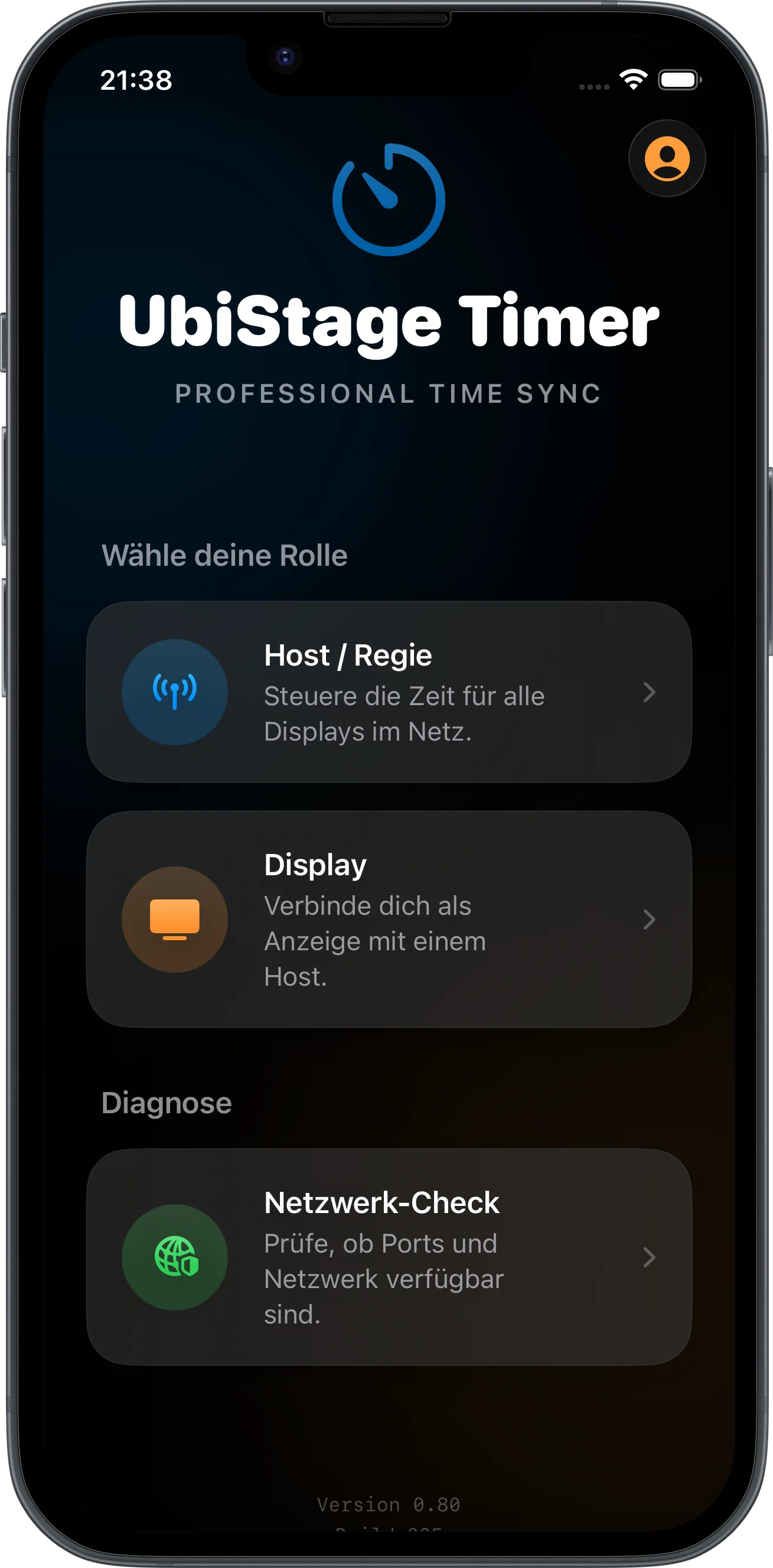 Startbildschirm der App mit Rollen-Auswahl