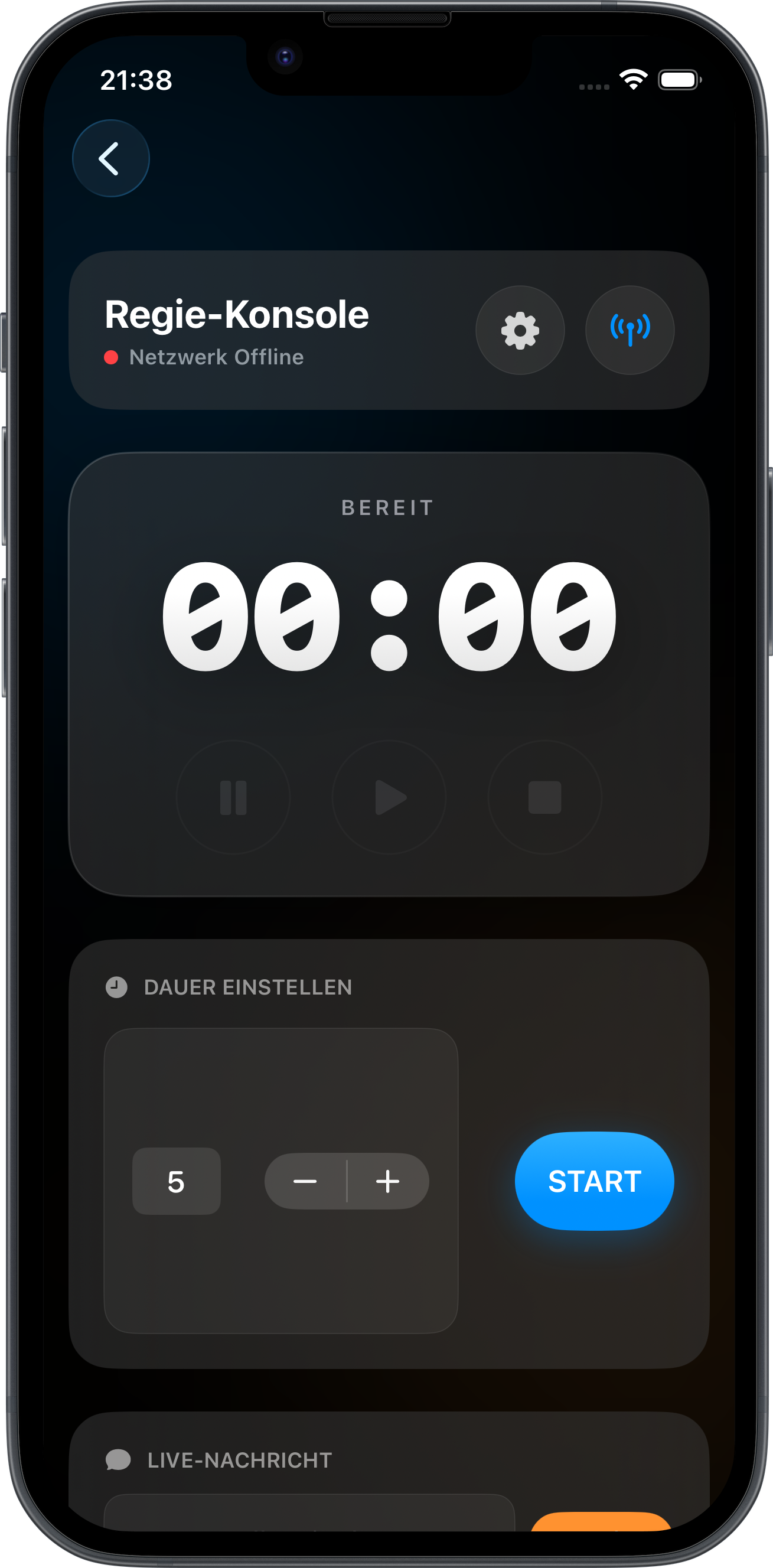 Host-Ansicht mit Timer-Eingabe und Steuerung