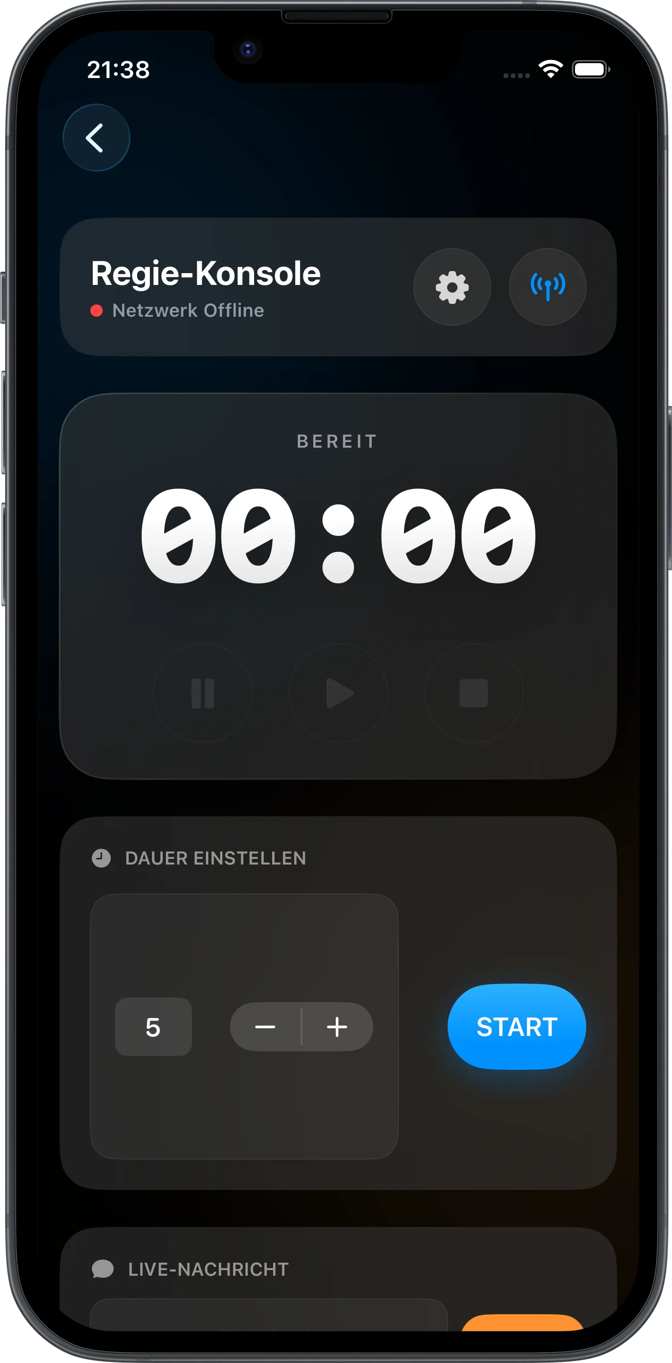 Host-Ansicht mit Timer-Eingabe und Steuerung